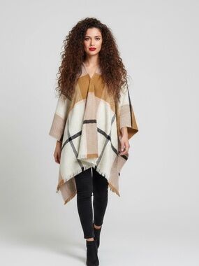 Old Navy Plaid Open-Front Fringe Poncho Shawl | One Size (OS)